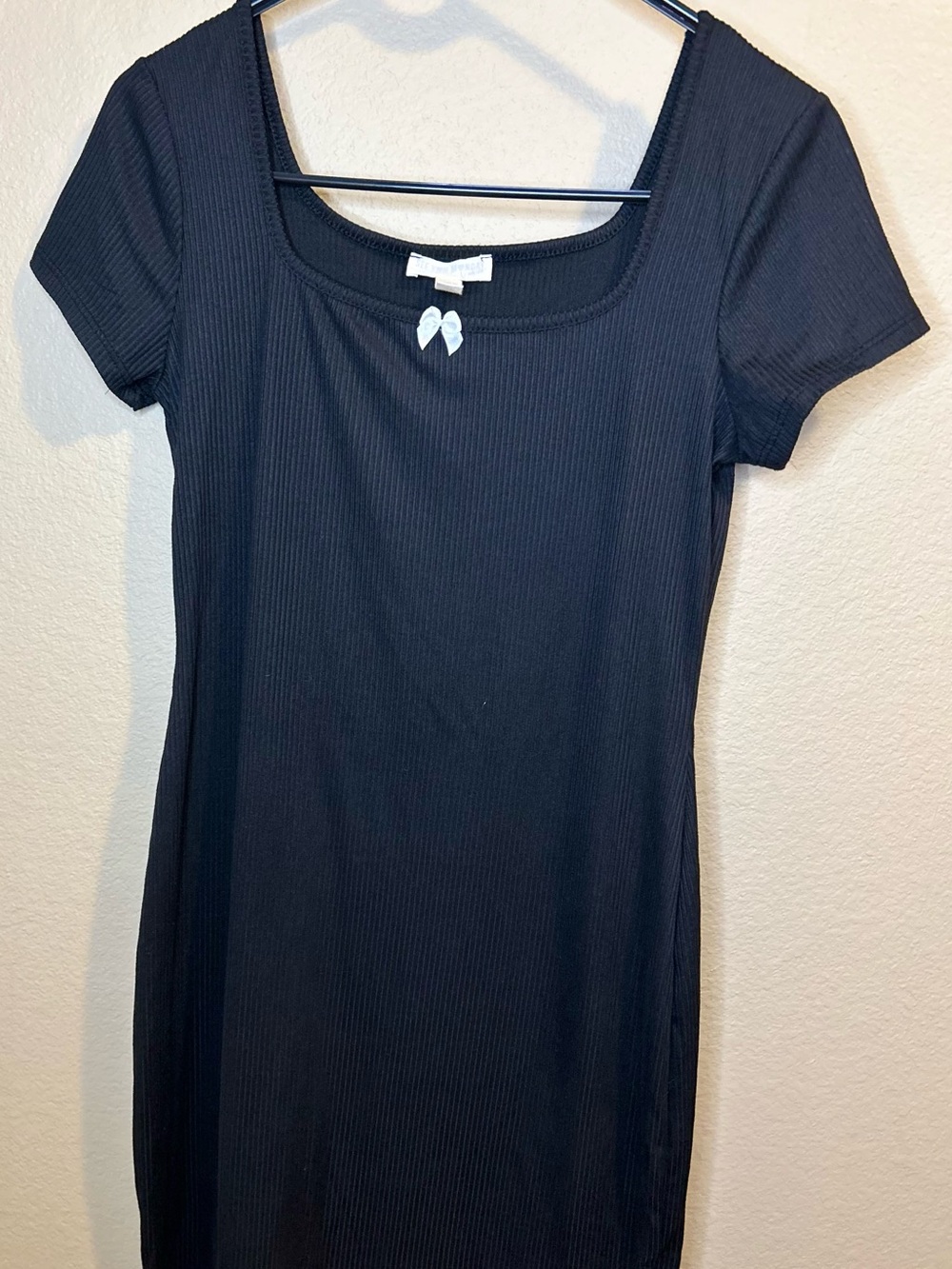 See You Monday Black Ribbed Square Neck Bodycon Short Sleeve Mini Dress